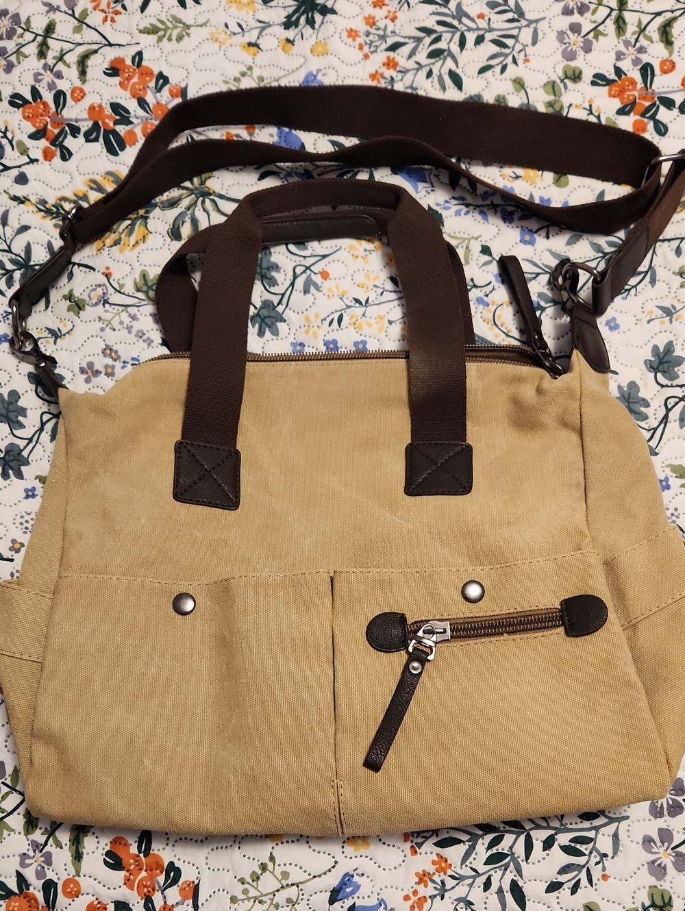 Canvas Tote Crossbody Bag in Tan with Dark Brown Accents